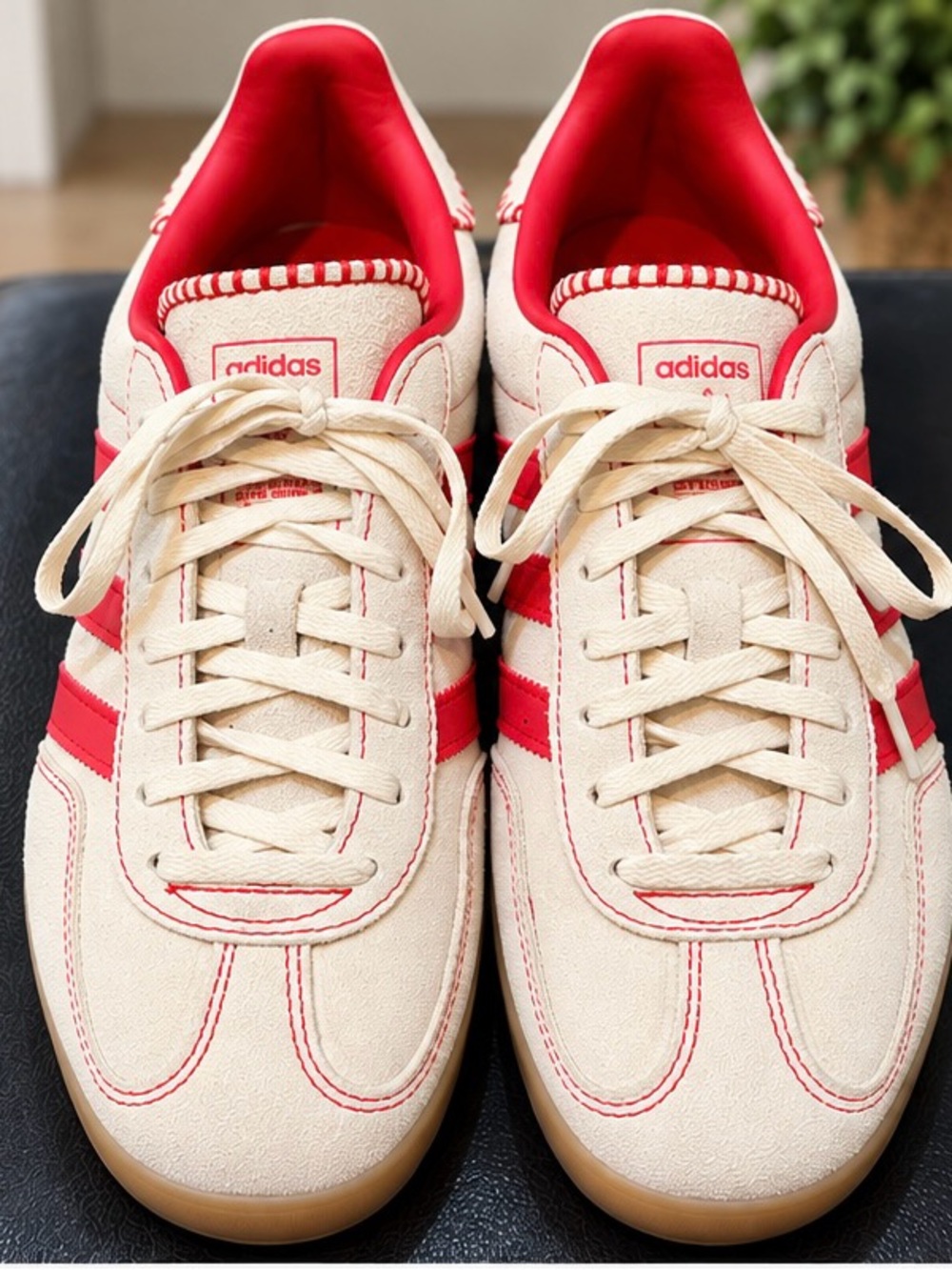 adidas Men’s Cream Sneakers with Red Stripes